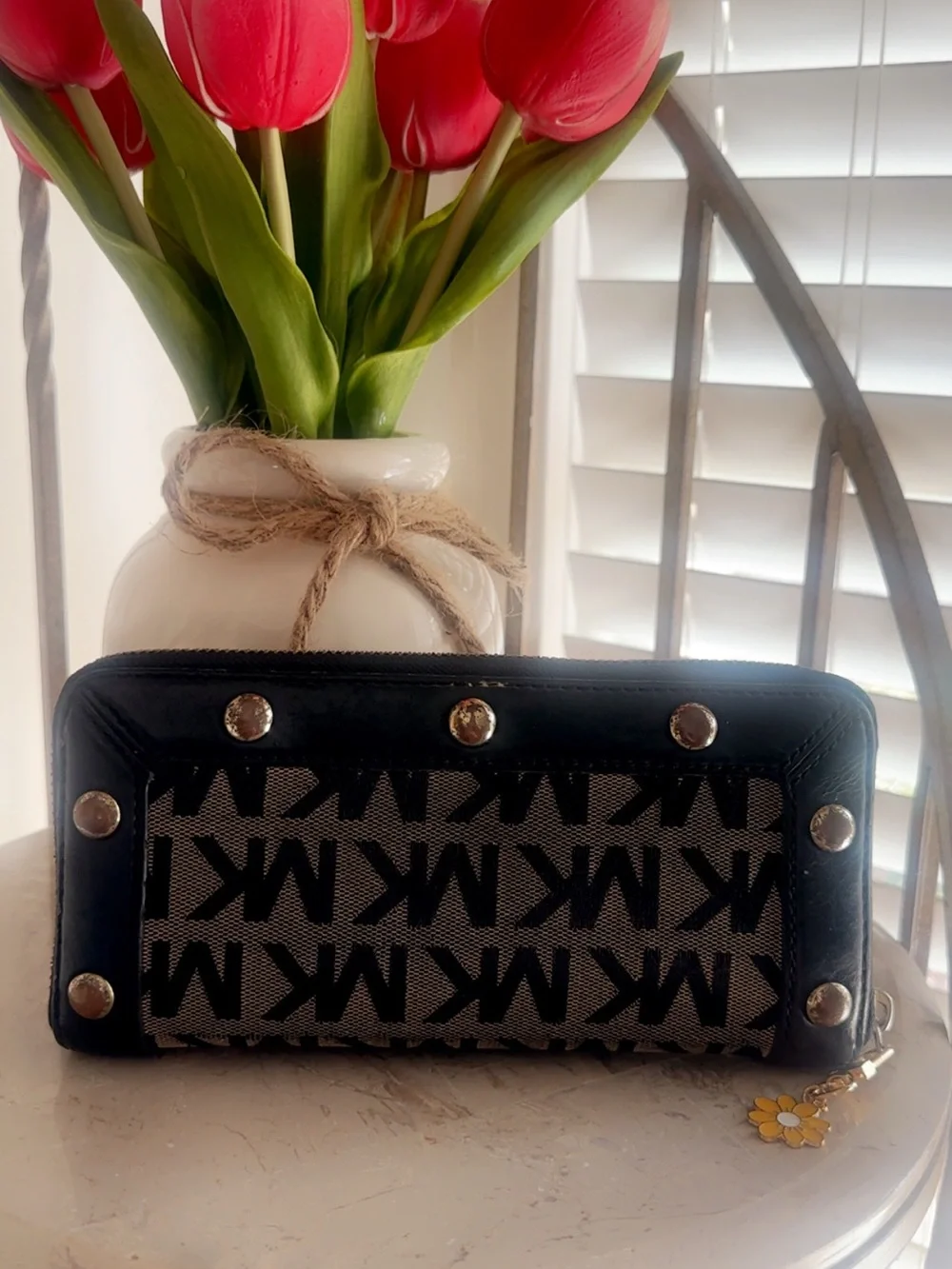 Michael Kors Black and Beige MK Logo Zip Card Holder